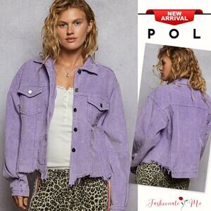 POL Button Down Raw Hem Chest Pockets Cropped Corduroy Trucker Jacket | Lavender
